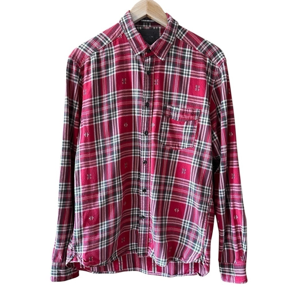 Plaid Shirt Grunge Country Western Coastal Cowgirl Red Beige Gray - Medium